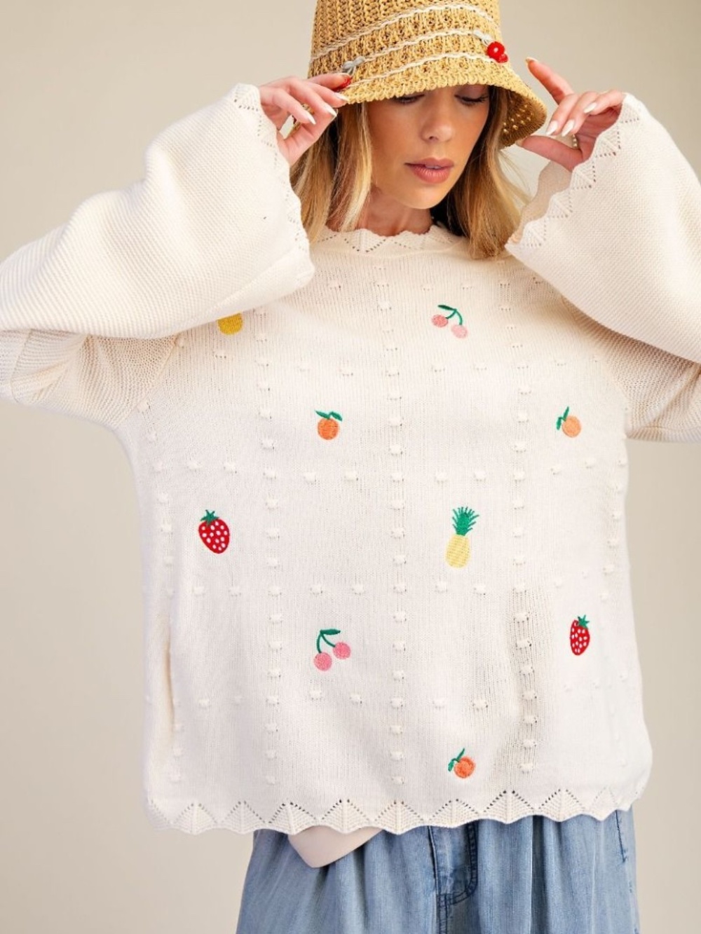 "The Tanya" Embroidered Fruit Bell Sleeve Sweater